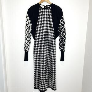 Medici Italy Sweater Dress Womens US 10 Black White Houndstooth Midi Long Sleeve